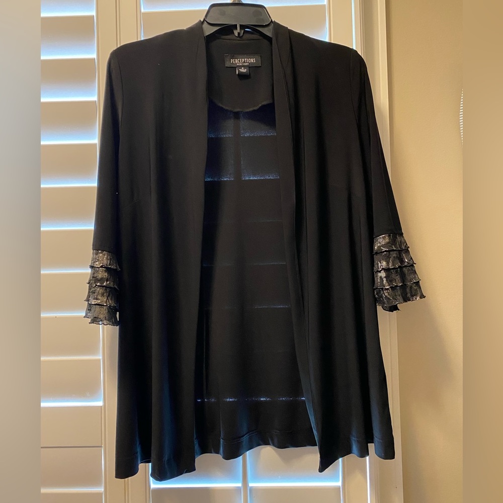 Perceptions Womens Sz 8 Top‎ Open Front Cardigan Shiny Ruffled 3/4 Sleeve Black